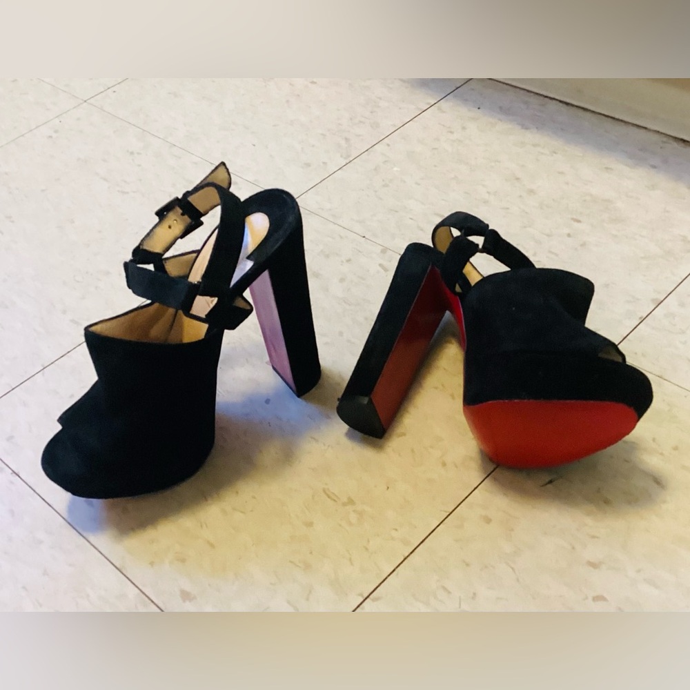 Louboutin Black, Block High Heel, Strappy Sandals with Signature Red Soles